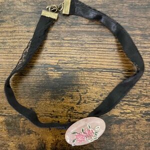 Black Choker Necklace with Pink Floral Pendant